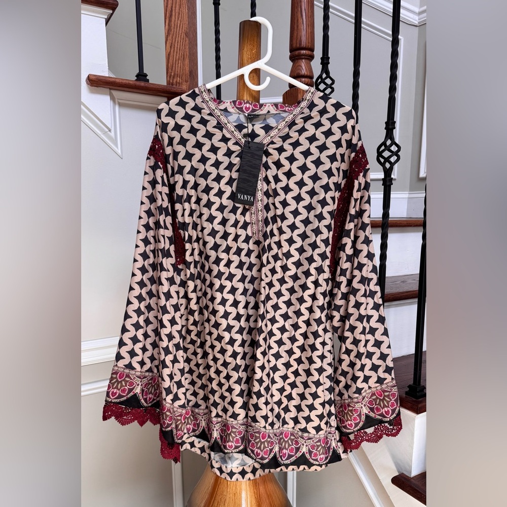 Vans Cream Graphic Blouse with Mandarin Collar